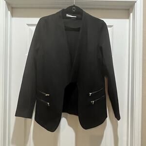 Mari Petite Medium Women's Black Blazer Jacket Open Front Gold Zip Detail Pocket